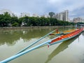 Fuzhou,Fujian,China, - June 7,2021 : Two empty Dragon boat just launched prepare to race in  the Dragon-boat Festival Royalty Free Stock Photo