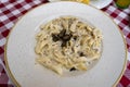 fuzi istrian pasta with black truffle tartufo mashroom and cream traditional food in Rovinj Croatia Royalty Free Stock Photo