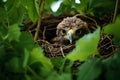 baby eagle in a nest, surrounded by fresh green leaves, ai generated