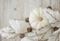 Fuzzy glitter leaves and a white pumpkin on a wood background