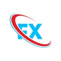 FX F X letter logo design. Initial letter FX linked circle upercase monogram logo red and blue. FX logo, F X design