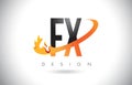 FX F X Letter Logo with Fire Flames Design and Orange Swoosh.