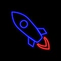 Fying rocket neon sign. Bright glowing symbol on a black background.