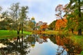 Fyodorovsky Cathedral and autumn yellow trees reflected in a pond of Tsarskoye Selo
