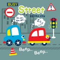 blue car and red car on the street funny cartoon,vector illustration
