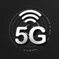 5G cellular mobile communication black logo background with global network line link transmission. Digital transformation and