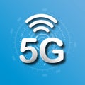 5G cellular mobile communication blue logo background with global network line link transmission. Digital transformation and