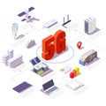 5G cellular network flowchart, flat vector isometric illustration. Wireless mobile telecommunication service.