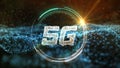 5G communication HUD with abstract blue network data transfering motion background. Technology and Futuristics concept. High speed Royalty Free Stock Photo