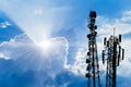 5g communication tower. 4g telecommunication tower. silhouette digital antenna cell site against blur bright sky for future Royalty Free Stock Photo