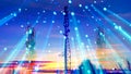 5G communication towers with antennas create virtual radio beams for transmitting information. Double exposure Royalty Free Stock Photo