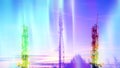 5G communication towers with antennas under rainbow beams of radio exposure. Double exposure Royalty Free Stock Photo