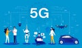 5G concept. Cartoon infographic of a 5G wireless network using mobile wireless technology for faster connectivity with