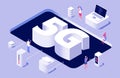 5G concept. Vector 5g wireless technology illustration with tiny people laptop cloud storage