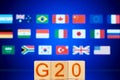 g20 concept. wooden blocks with the inscription g20 and the flags of the countries participating in the summit. Royalty Free Stock Photo