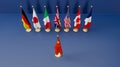 G7 countries against China, flags of members of G7 group of seven and list of countries and China flag. Group of Seven. 3d Royalty Free Stock Photo