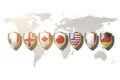 G7 countries flag in golden shield on world map background