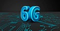 6G 3d rendering wireless network and big data concept on blue glowing circuit background on black.Shiny 6G New