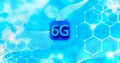 6G 3d rendering wireless network and big data concept on hexagon glowing blue background.Shiny 6G New generation
