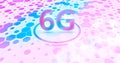 6G 3d rendering wireless network and big data concept on blue. violet and pink hexagon background.Shiny 6G New