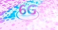 6G 3d rendering wireless network and big data concept on blue. violet and pink hexagon background.Shiny 6G New