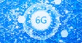 6G 3d rendering wireless network and big data concept on hexagon glowing blue background.Shiny 6G New generation