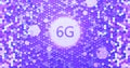 6G 3d rendering wireless network and big data concept on hexagon glowing violet background.Shiny 6G New generation