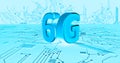 6G 3d rendering wireless network and big data concept on white background with blue glowing circuit.Shiny 6G New