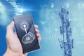 5G data communication tower overlay with Smartphone for connect to high speed network cell site advertising concept