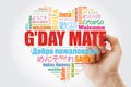 G`day Mate Welcome in Australian love heart word cloud