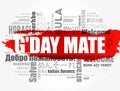 G\'day Mate (Welcome in Australian) word cloud in different languages, conceptual background