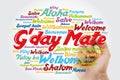 G`day Mate Welcome in Australian word cloud