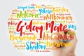 G`day Mate Welcome in Australian word cloud