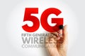 5G Fifth Generation of Wireless Communications text with hand holding marker. Modern telecommunication concept representing high- Royalty Free Stock Photo