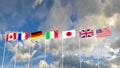 G7 flags Silk waving flags of countries of Group of Seven Canada Germany Italy France Japan USA states United Kingdom with a flagp