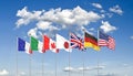 G7 flags . Silk waving flags of countries of Group of Seven : Germany, Canada, USA , Italy, France, Japan, UK in 2020. Online