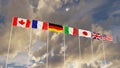 G7 flags Silk waving flags of countries of Group of Seven Canada Germany Italy France Japan USA states United Kingdom with a flagp Royalty Free Stock Photo