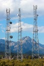 3G, 4G and 5G cellular antennas. Base Transceiver Stations. Telecommunication towers. Wireless Communication Antenna Transmitters Royalty Free Stock Photo