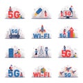 5G global network high speed innovation connection technologies set. People using mobile internet for working, online Royalty Free Stock Photo