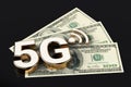 5G high speed communication network symbol standing on american dollar bills isolated on black background. 3D rendering Royalty Free Stock Photo