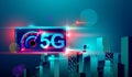 5G high speed network communication internet on flying realistic 3d isometric smartphone cross night smart city