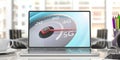 5G High speed network connection, speedometer on a computer laptop screen, blur business office background. 3d illustration