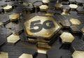 5G icon concept engraved on gold hexagonal pedestral background. Wireless technology logo glowing on abstract digital surface. 3d Royalty Free Stock Photo