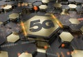 5G icon concept engraved on gold hexagonal pedestral background. Wireless technology logo glowing on abstract digital surface. 3d Royalty Free Stock Photo