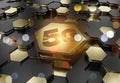 5G icon concept engraved on gold hexagonal pedestral background. Wireless technology logo glowing on abstract digital surface. 3d Royalty Free Stock Photo