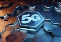 5G icon concept engraved on metal hexagonal pedestral background. Wireless technology logo glowing on abstract digital surface. 3d Royalty Free Stock Photo