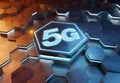 5G icon concept engraved on metal hexagonal pedestral background. Wireless technology logo glowing on abstract digital surface. 3d Royalty Free Stock Photo