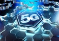 5G icon concept engraved on metal hexagonal pedestral background. Wireless technology logo glowing on abstract digital surface. 3d Royalty Free Stock Photo