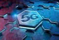 5G icon concept engraved on metal hexagonal pedestral background. Wireless technology logo glowing on abstract digital surface. 3d Royalty Free Stock Photo