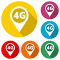 4G icon, 4g network icon, map pointer color icon with long shadow